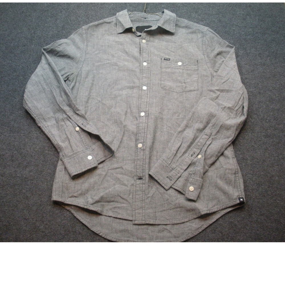 Hurley Mens Gray Long Sleeve Button Down Shirt Size M Pocket Curved Hem